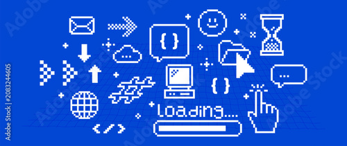 Cuadro en lienzo Retro Y2K pixel tech interface background with computer, cursor, cloud, loading bar, file folder, globe and coding symbols