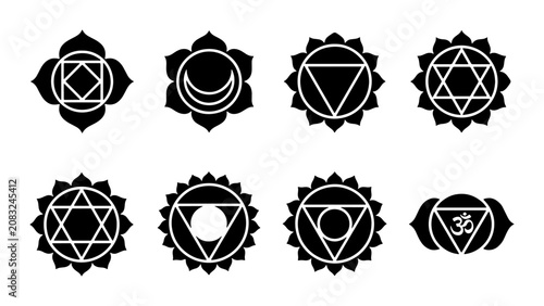 Fotografie Chakra Symbols Vector Icons, Spiritual Energy Centers Set, Yoga Meditation Graph