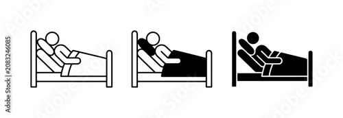 Hospital bed patient icon set, medical clinic nursing care symbols, sick person resting in bed vector illustrations