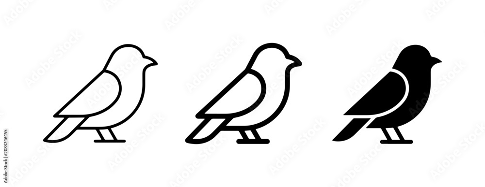 Fototapeta premium Minimalist bird icon set, black line and solid sparrow vector symbols, simple avian wildlife logo elements for branding