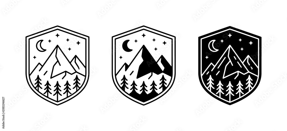 Obraz premium Vintage mountain badge set, outdoor adventure emblems, 3 vector nature logos with forest and moon