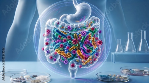 Human gut microbiome with glowing bacteria in digestive system, intestine and stomach, medical 3D illustration, gut health concept