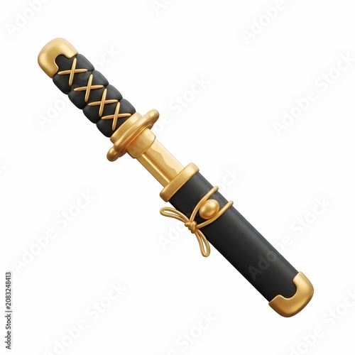 3D illustration of a traditional Japanese katana sword in a black and gold scabbard isolated on white background