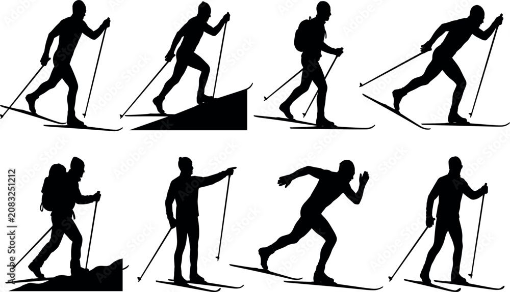Fototapeta premium Cross Country Skiing Silhouette Collection with Nordic Skiers and Winter Sports PosesCross Country Skiing Silhouette Collection with Nordic Skiers and Winter Sports Poses