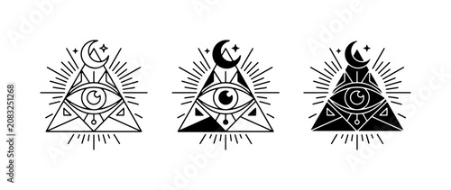 Mystical Eye of Providence Triangle Icons, Celestial Moon and Stars, Esoteric Symbols, Occult and Spiritual Graphics, Vector Set