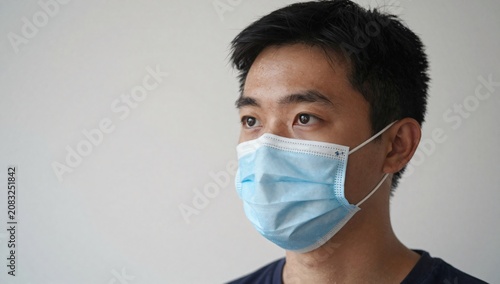Asian man with a surgical mask looks to the side with a neutral background
