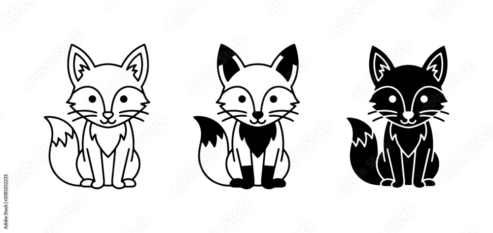 Obraz premium Cute Fox Icons Set: Line Art, Filled Silhouette, and Black & White Vector Graphics for Wildlife Designs
