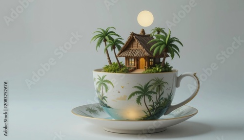Miniature tropical cottage in teacup at sunset