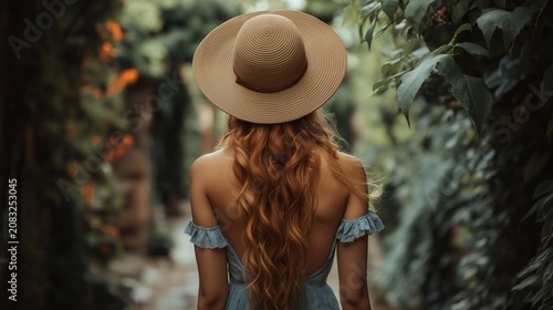 Woman in Hat Walking Through Lush Garden Path