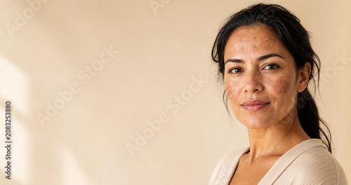 Woman with facial melasma and and hyperpigmentation, natural skin texture. For skincare, dermatology, beauty, and beauty awareness.