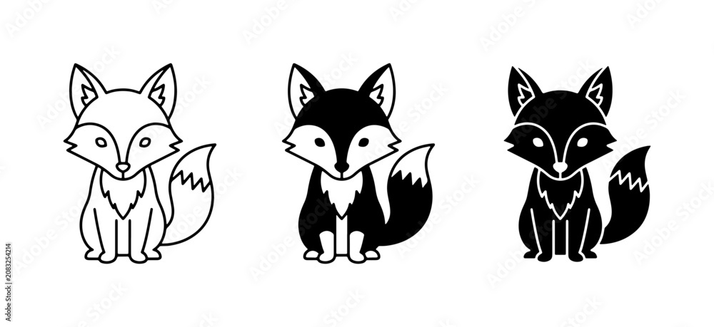 Obraz premium Minimalist fox icon set, black and white forest animal vector, cute sitting fox character illustrations