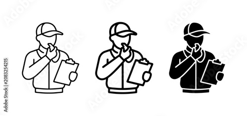 Sports coach icon set, athletic trainer blowing whistle with clipboard, referee line art and silhouette vector icons
