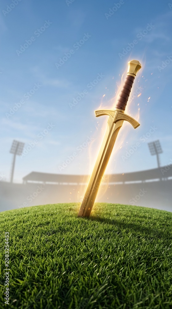 Obraz premium Epic golden sword in stadium grass, world cup champion victory, triumphant sports mood, vertical background.