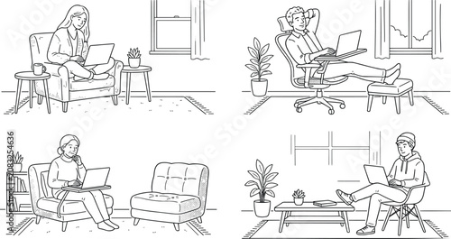 Diverse freelancers and remote workers using laptops in cozy home living room settings minimalist line art vector style.