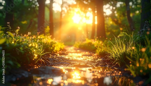 Sunlight filtering through forest trees pathway.