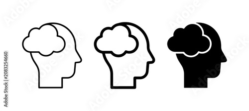 Mental health icons with cloud in head, brain fog and confusion symbols, psychology profile vector set
