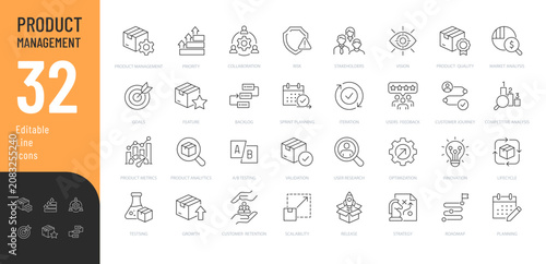 Product Management Line Editable and Solid Icons set. Vector illustration in a modern thin line style of business related icons: roadmap, lifecycle, optimization, and more. Isolated on transparent bac