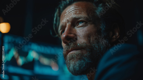 Focused Investor Analyzes Market Trends: A middle-aged man with a thoughtful expression gazes at a complex financial graph displayed on a screen.