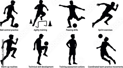 Bild auf Leinwand Silhouette set of youth soccer players performing various training drills including ball control, agility, and passing