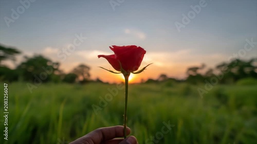 Close up of a red rose against a sunset background in natural setting