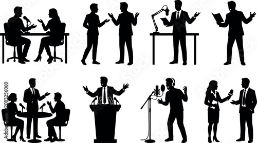 Tableau sur toile Silhouettes of People Engaged in Public Speaking, Media Interviews, and Broadcas