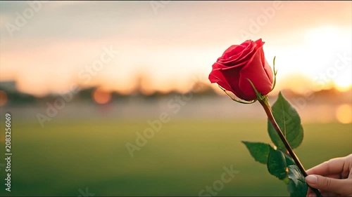 Close up of a red rose held against a blurred natural background