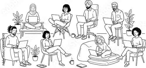 Diverse group of young people working remotely on laptops in comfortable home office settings for remote business concepts.
