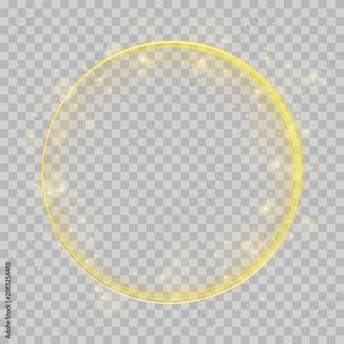 Brilliant golden glowing ring light on black background Vector. Abstract luxury circular frame with shimmering gold dust, creative overlay graphic for vip membership card background design.