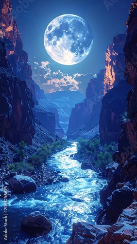 Moonlit river canyon landscape with rocks.