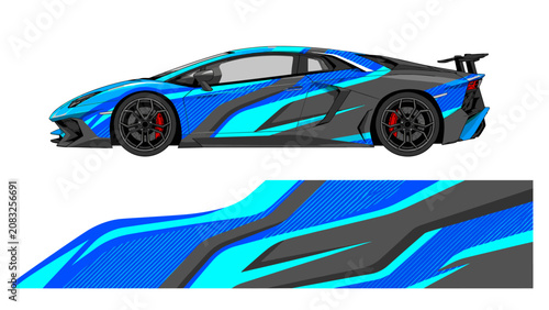 Blue and black supercar with geometric racing wrap.