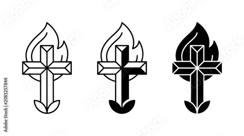 Foto Christian Cross with Flames and Leaves Vector Icons, Religious Symbol Set, Faith