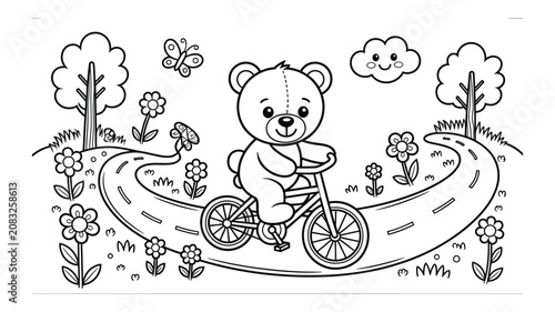 Black and white line of a cute teddy bear riding a bicycle on a winding road through a park with trees, flowers, and a butterfly