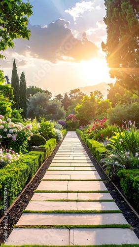 Serene Garden Pathway at Sunset Hour.