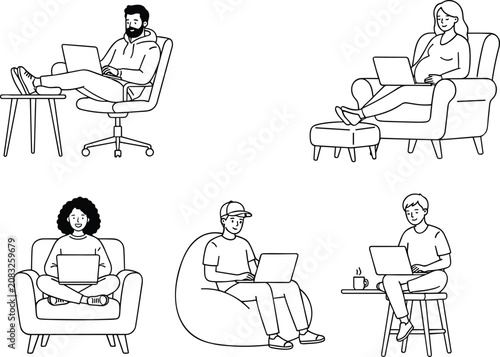 Diverse remote workers and pregnant woman using laptops at home in minimalist line art vector style.