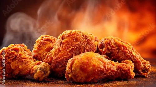 Close up of golden fried chicken pieces with steam against a warm backdrop