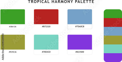 Fotografia Tropical harmony color palette featuring six vibrant hues and their exact hex codes for design applications