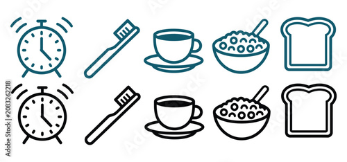Morning vector icon set showing daily breakfast routine items