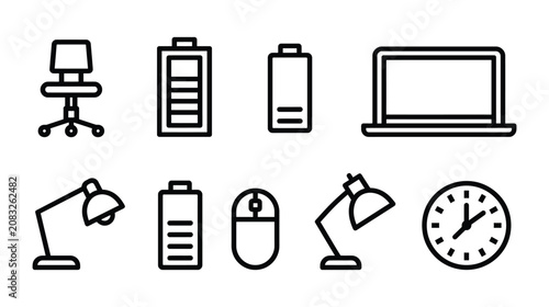 Technology vector icon set including electronic office workspace
