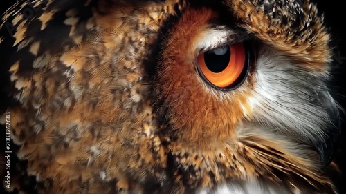 Close up of owls eye showing detailed feathers and orange iris