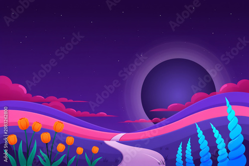Dreamcore surreal landscape at night, glowing neon tulips and futuristic plants under a dark moon, fantasy purple scenery for creative inspiration