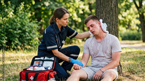 Female paramedic providing pre-hospital emergency care to young man with heat related illness in park for outdoor medical emergency training and heat stroke awareness campaigns