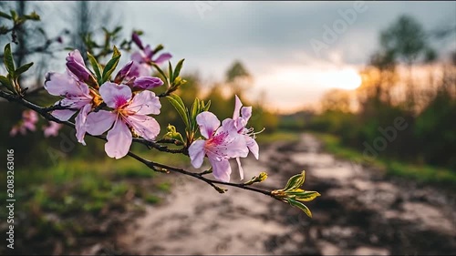 Close up of pink flowers blooming on a branch against a blurred background