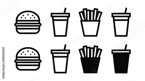 Burger vector icon set featuring fast food meal options