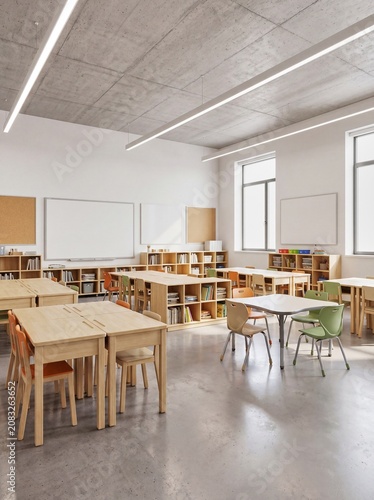 Contemporary modern elementary classroom prepared for school use