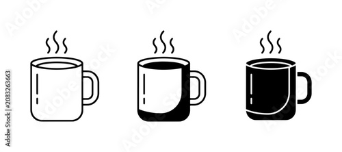 Tableau sur toile Hot Coffee Mug Icons, Steaming Drink Cups, Beverage Set, Black and White Line Ar