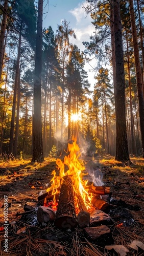 Campfire burning in forest at sunset.