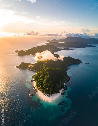 Aerial view of tropical island paradise.