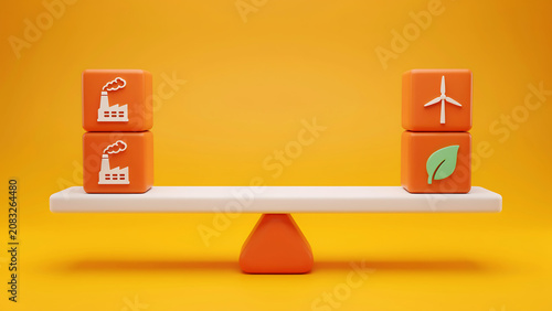 Industrial Sustainability Environment Balance Ecology Green Energy Factory Comparison Icons; A 3D conceptual visual showing the balance between manufacturing production and renewable energy 