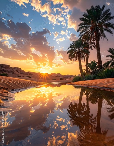 Serene tropical sunset by calm waters.
