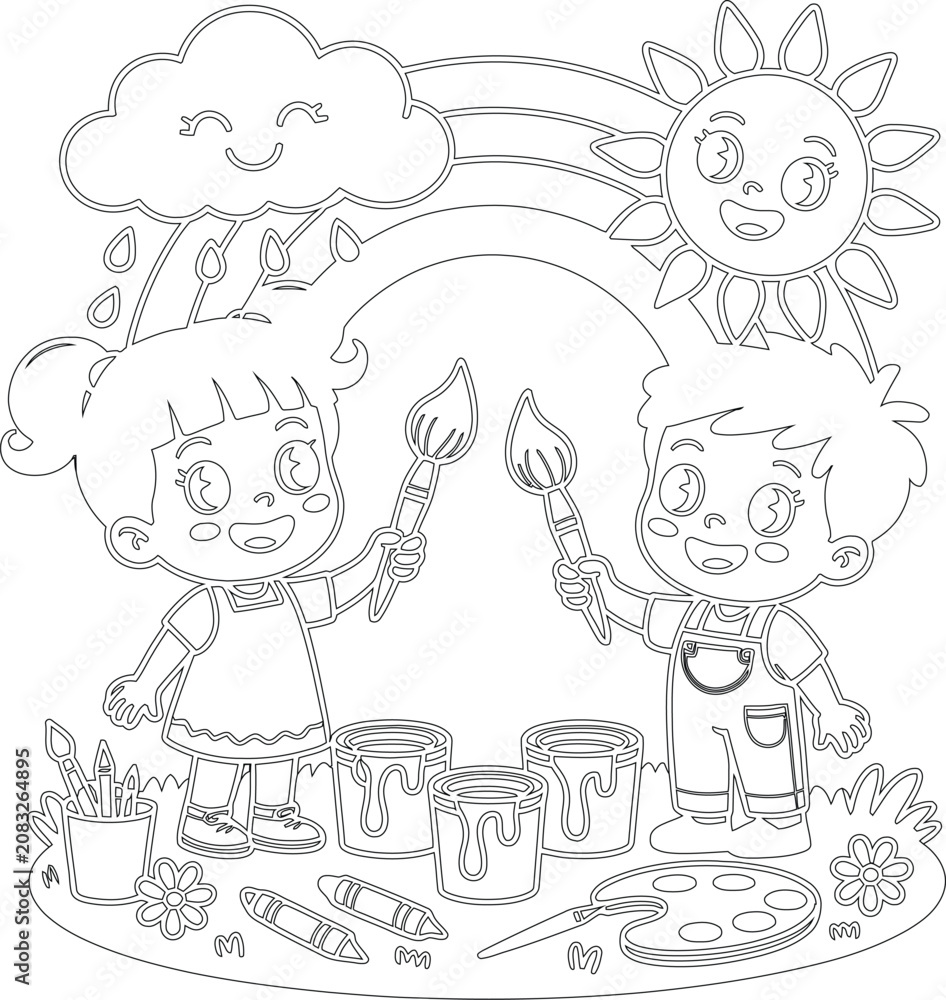 Fototapeta premium Children painting with brushes under a happy sun and a smiling cloud with a rainbow